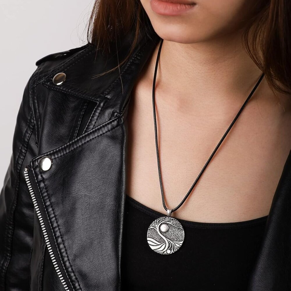 Tree of Life Necklace, Vintage Antique Tree of Life Moon Pendant, Faux Leather C - Picture 6 of 6